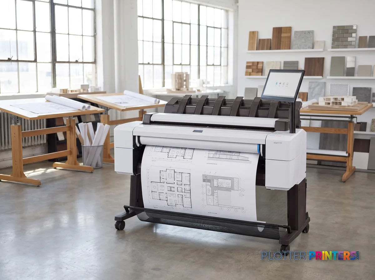 HP DesignJet T2600 PS Managed MFP (36-in) in a bright architecture studio, printing a large floor plan (staged scene from manufacturer product photography)