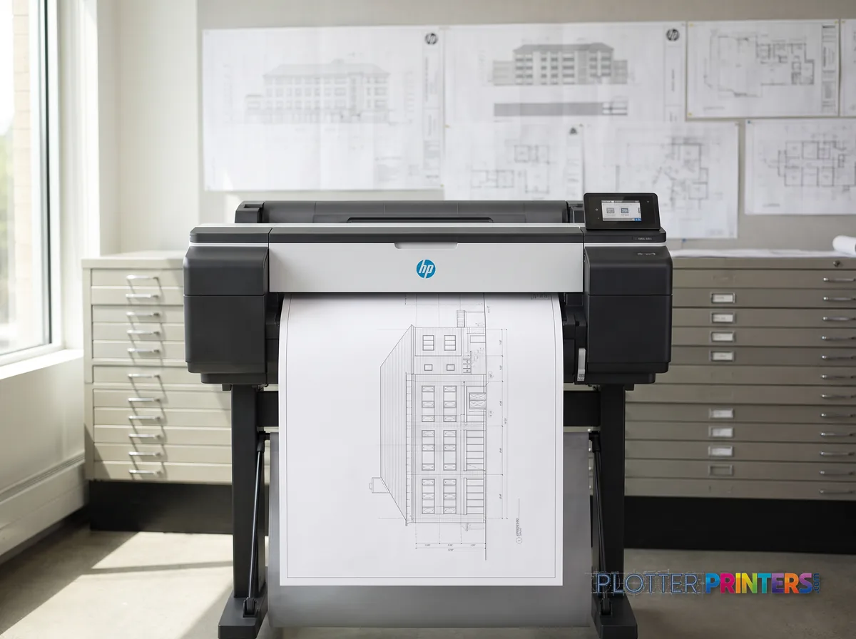 HP DesignJet T1600 PS Managed Printer, 36-in in a plan room beside flat-file drawers, printing a CAD elevation (staged scene from manufacturer product photography)