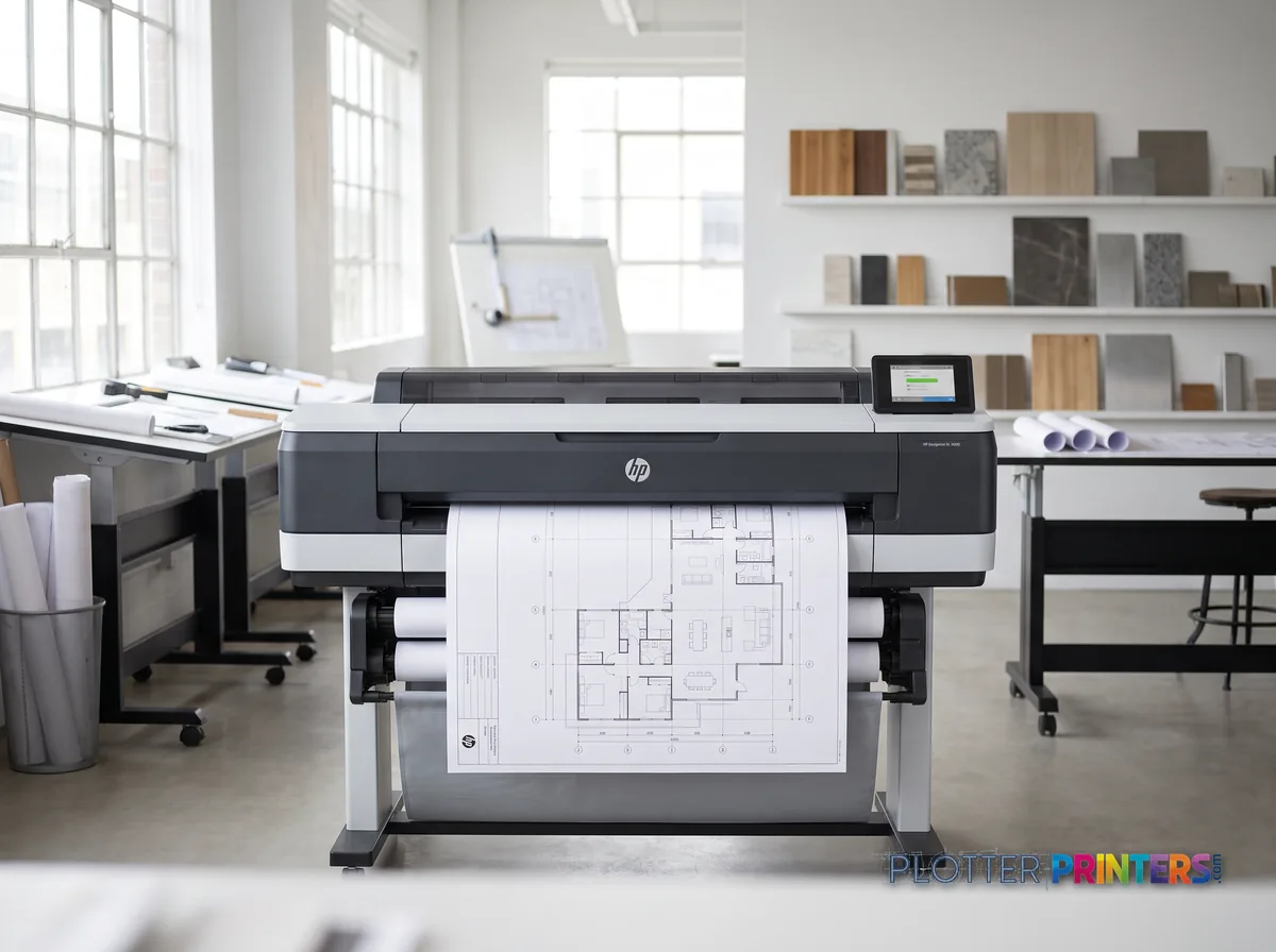 HP DesignJet T1600 PS Managed Printer, 36-in in a bright architecture studio, printing a large floor plan (staged scene from manufacturer product photography)
