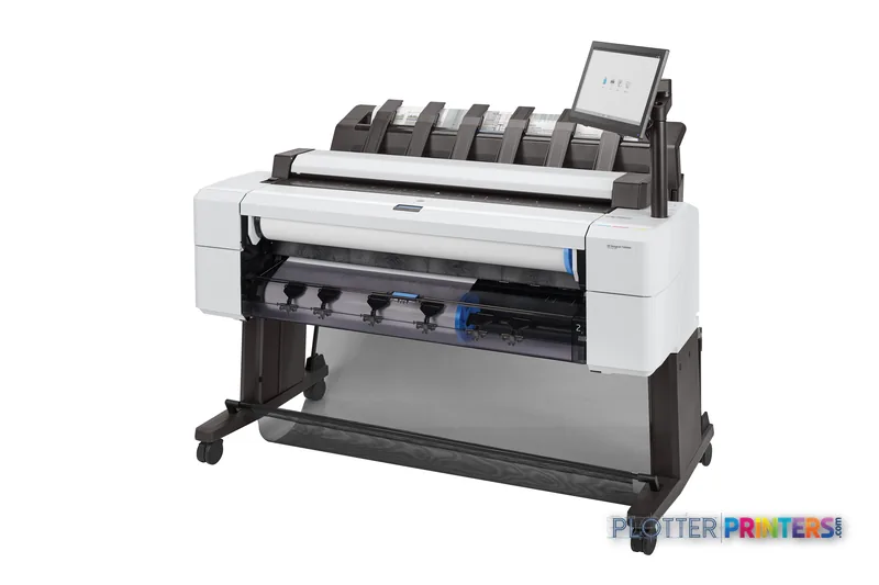 HP DESIGNJET T2600DR large format printer front-left view showing white and black design with roll feed system