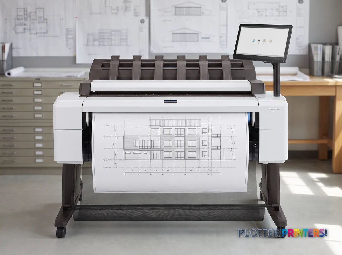 HP DesignJet T2600dr PS Managed MFP 36-in in a plan room beside flat-file drawers, printing a CAD elevation (staged scene from manufacturer product photography)