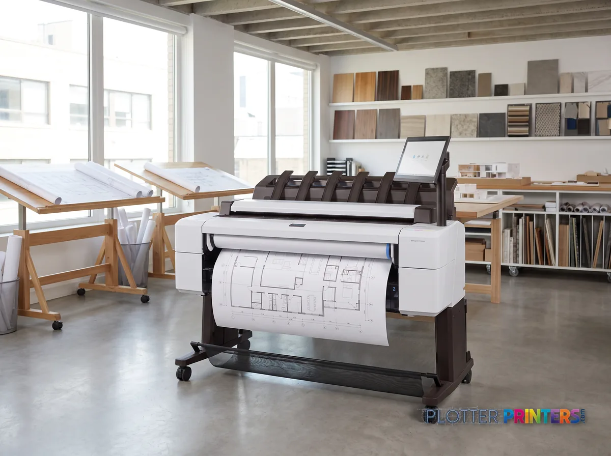 HP DesignJet T2600dr PS Managed MFP 36-in in a bright architecture studio, printing a large floor plan (staged scene from manufacturer product photography)