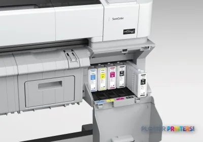 Epson SureColor SC-T3000 POS product image showing front view with open ink cartridge compartment displaying color cartridges
