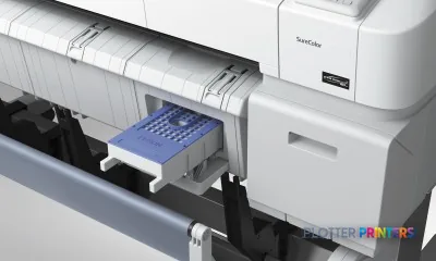 Epson SureColor SC-T3000 POS product image showing grey large-format printer with blue ink cartridge installed