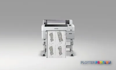 Epson SureColor SC-T3000 POS large-format printer front view with output tray extended showing printed documents