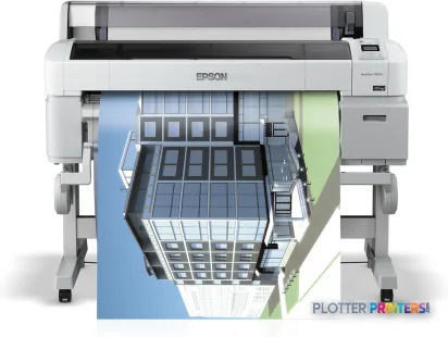 Epson SureColor SC-T5000 large-format printer with architectural blueprint sample output displayed