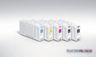 Epson SureColor SC-T5000 POS ink cartridges in cyan, yellow, magenta, black, and gray arranged in a row
