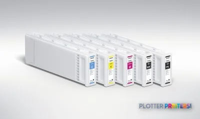 Epson SureColor SC-T5000 POS inkjet printer with five color ink cartridges displayed