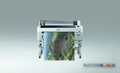 Epson SureColor SC-T5000 POS large-format printer displaying an aerial landscape print