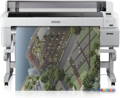 Epson SureColor SC-T7000 POS large-format inkjet printer with grey body printing architectural aerial photograph