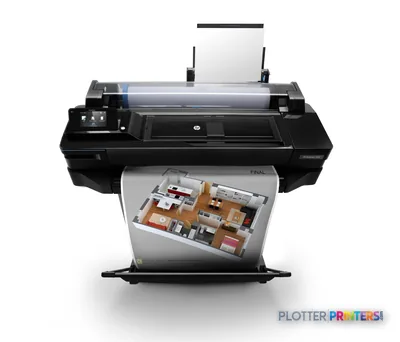 HP Designjet T520 large-format printer product image showing front view with paper output tray extended displaying a floor p…