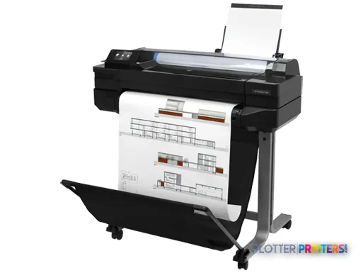 HP Designjet T520 large-format printer product image showing front view with printed documents