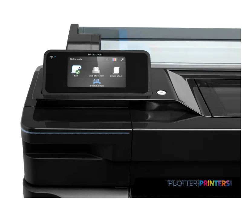 HP Designjet T520 large-format printer product image showing front view with touchscreen display and paper feed tray