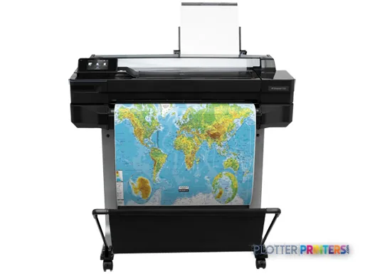 HP Designjet T520 large-format printer product image showing front view with colorful world map printout