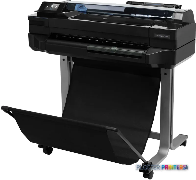 HP Designjet T520 large-format printer product image showing black thermal inkjet printer on stand with paper tray