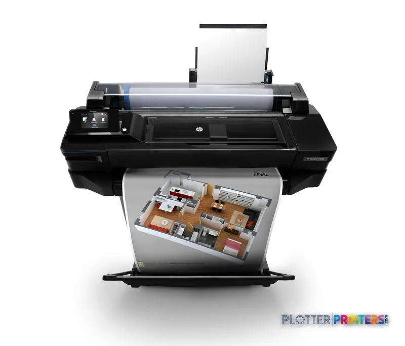 HP Designjet T520 large-format printer product image showing front view with paper output tray extended displaying a floor p…