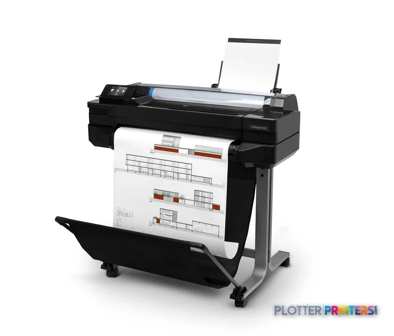 HP Designjet T520 large-format printer product image showing black thermal inkjet printer with architectural drawings printi…