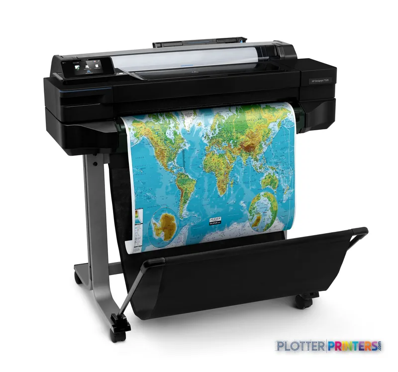 HP Designjet T520 large-format printer product image showing black thermal inkjet printer on stand with world map printout
