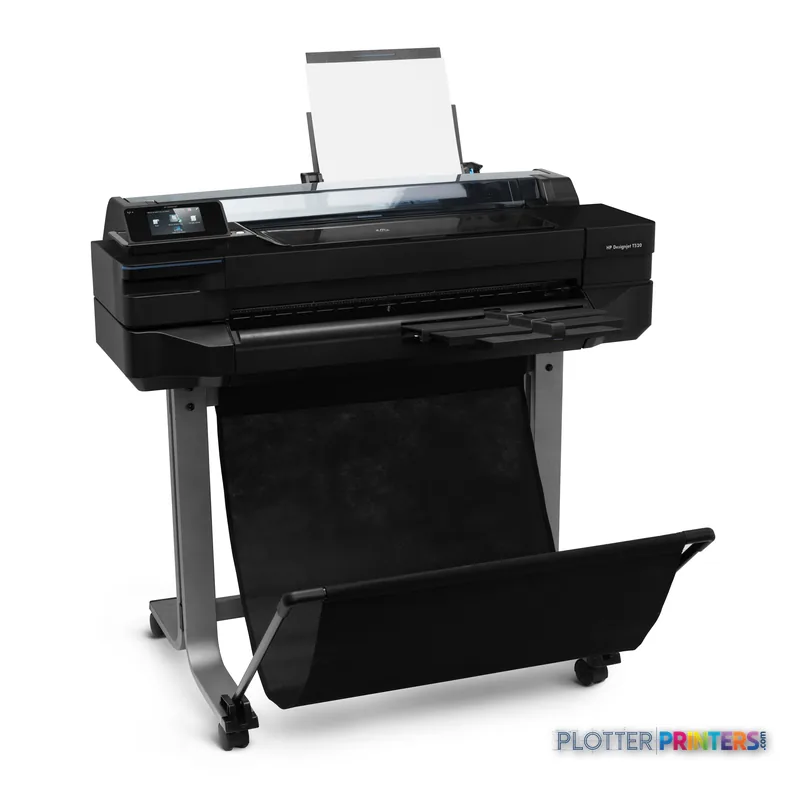HP Designjet T520 large format printer product image showing black thermal inkjet printer on stand with paper output tray