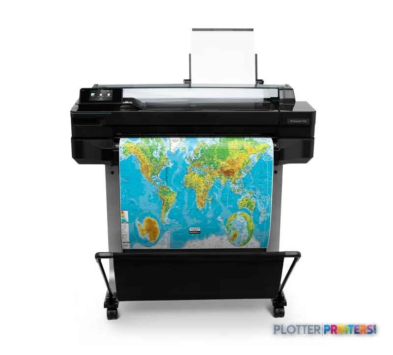 HP Designjet T520 large-format printer product image showing front view with colorful world map printout