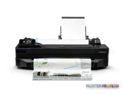 HP Designjet T120 large-format printer product image showing black printer with printed documents