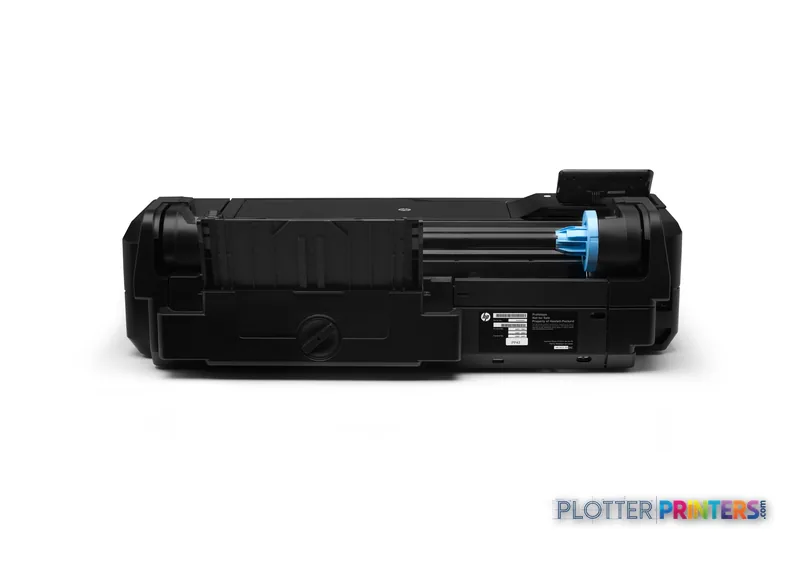 HP Designjet T120 ePrinter product image showing the rear view of the black printer with blue ink cartridge