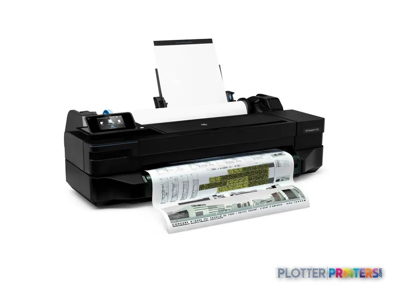 HP Designjet T120 ePrinter product image showing black large-format printer with printed documents