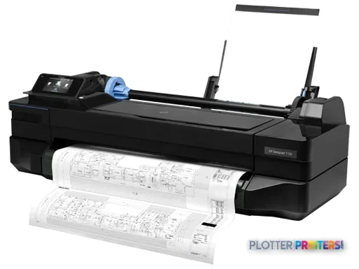 HP Designjet T120 large-format printer product image showing the device with printed technical drawings