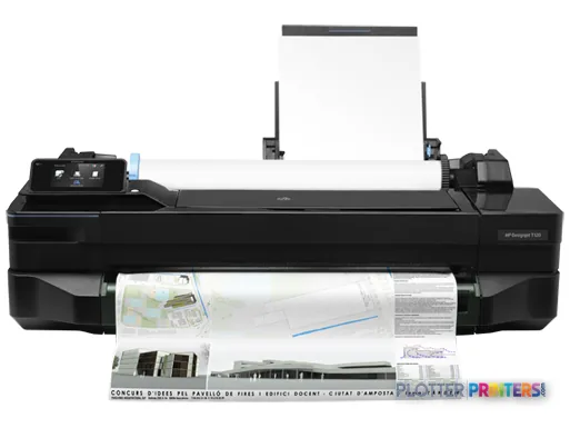 HP Designjet T120 610mm ePrinter product image showing front view with printed technical drawings