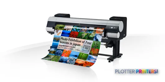 Canon imagePROGRAF iPF9400S large-format inkjet printer product image showing the device printing a colorful photo banner