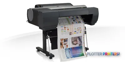 Canon imagePROGRAF iPF6450 large format printer product image showing the device with printed color output samples