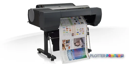 Canon imagePROGRAF iPF6450 large format printer product image showing the device with printed color output samples