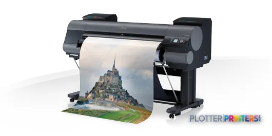 Canon imagePROGRAF iPF8400 large format printer product image showing the device with a wide-format color print of a castle…