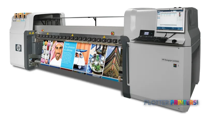 HP DesignJet L65500 Printer product image showing full system with integrated control unit and printing samples