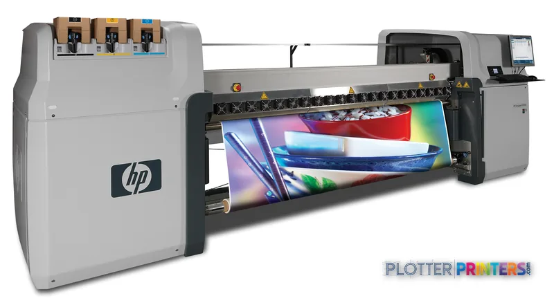 HP DesignJet L65500 Printer product image showing full printer system with ink cartridges and colorful output sample
