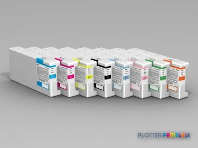 Epson Stylus Pro GS6000 product image showing ink cartridge set with multiple colored cartridges arranged in a row