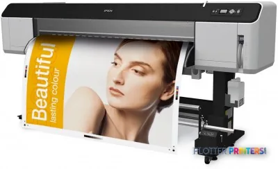Epson Stylus Pro GS6000 large-format printer printing a portrait image on yellow banner material