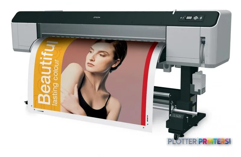 Epson Stylus Pro GS6000 large-format printer with colorful banner printing through the machine