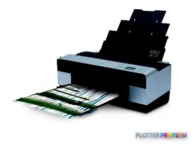 Epson Stylus Pro 3800 large format printer product image showing the device with output tray extended and printed photo samp…