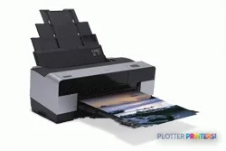 Epson Stylus Pro 3800 large format printer with paper tray open showing photo paper output