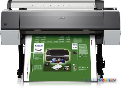 Epson Stylus Pro 9900 SpectroProofer UV large-format printer product view with sample output