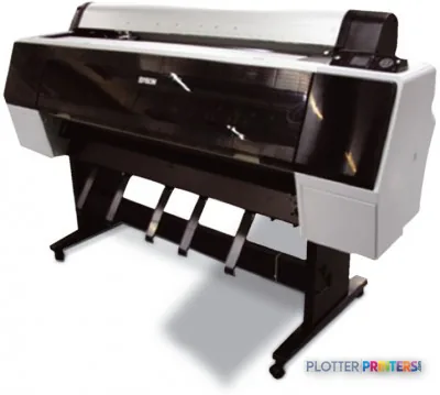 Epson Stylus Pro 9900 SpectroProofer UV large-format printer product view showing white and black machine with paper feed sy…