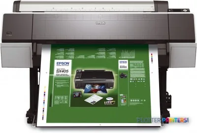 Epson Stylus Pro 9900 SpectroProofer UV large-format printer front view with green marketing material loaded