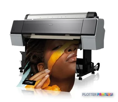 Epson Stylus Pro 9900 large-format printer product image showing the device printing a vibrant portrait photo