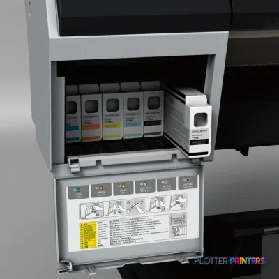 Epson Stylus Pro 7900 Spectro Proofer UV product image showing open ink cartridge bay with five color cartridges and mainten…