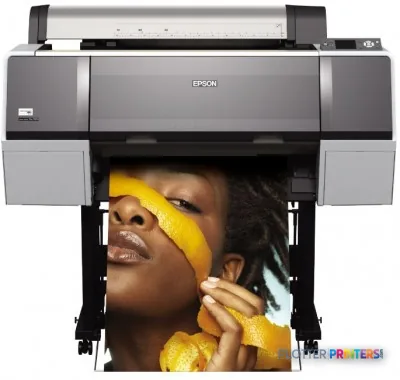 Epson Stylus Pro 7900 large-format printer with vibrant portrait output showing yellow paint on face