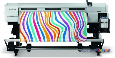 Epson SureColor SC-F7000 large-format printer printing colorful wavy striped design on wide roll media
