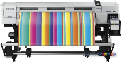 Epson SureColor SC-F7000 large-format printer product image showing colorful fabric roll loaded in machine