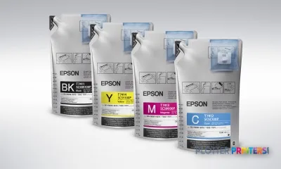 Epson SureColor SC-F7000 ink cartridges in black, yellow, magenta, and cyan arranged in a product lineup