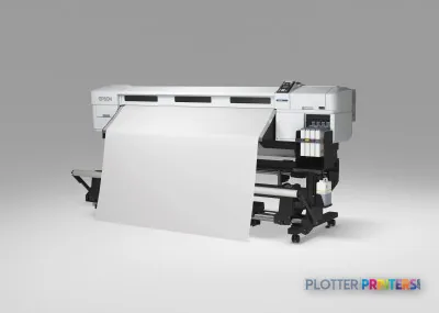 Epson SureColor SC-F7000 large-format printer with white paper roll loaded, shown from the side